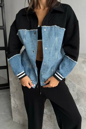 Garnished Bomber Jacket - Black & Blue - Cream Rouge - Globality Store - Women Clothes Wholesale Turkey