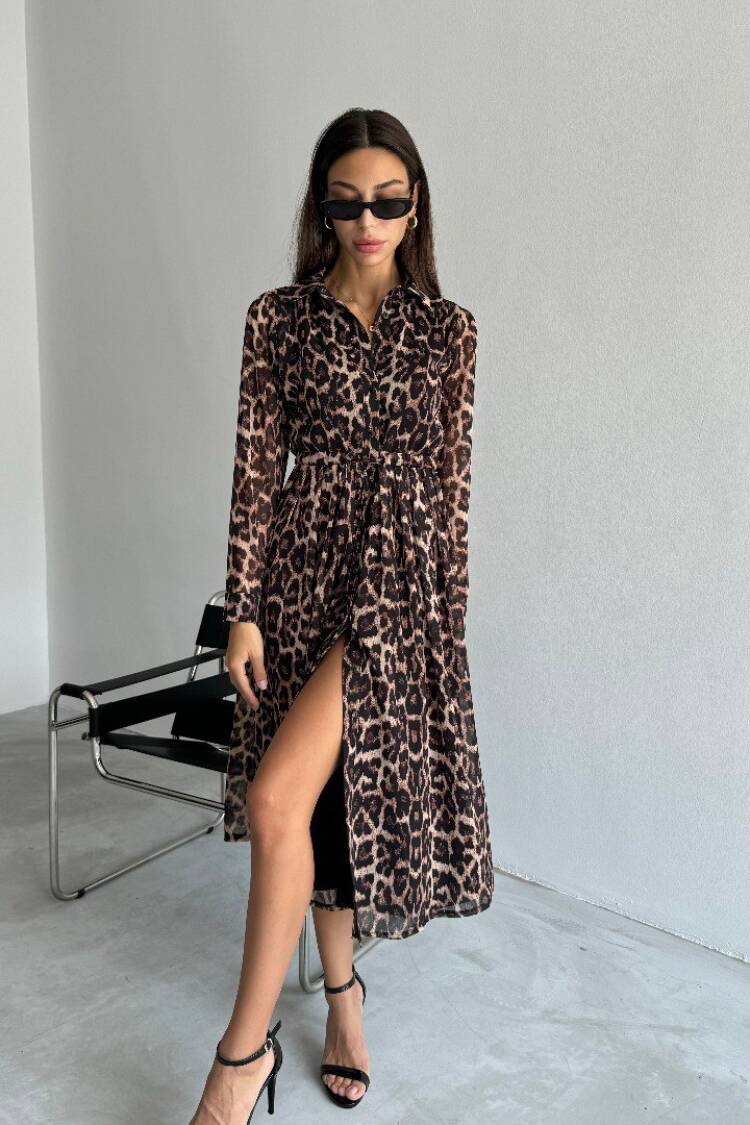 Leopard Pattern Shirt Dress - Cream Rouge - Globality Store - Women Clothes Wholesale Turkey