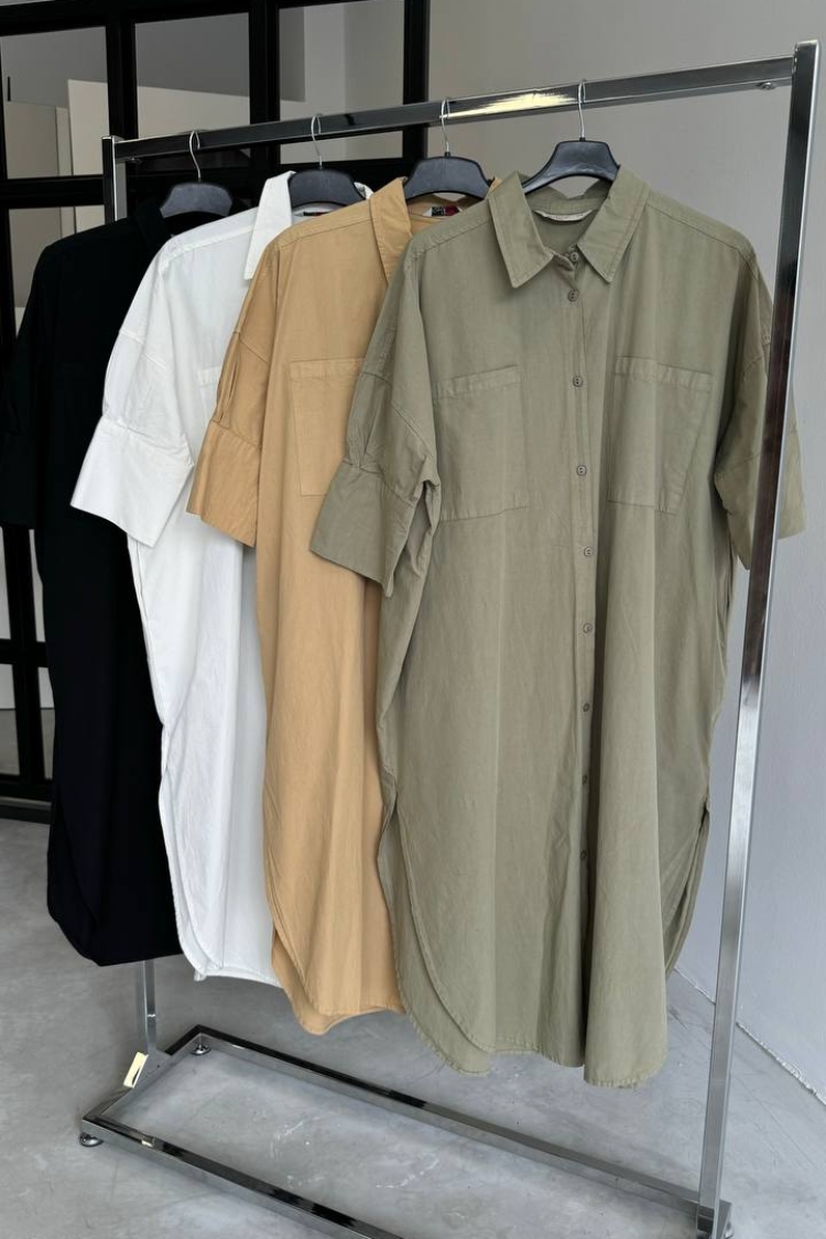 Side Slit Shirt Dress - Cream Rouge - Globality Store - Women Clothes Wholesale Turkey