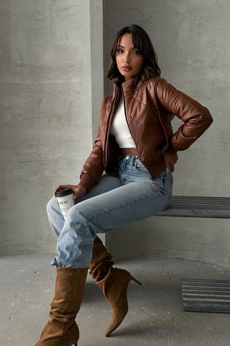 Tan Zippered Leather Wholesale Coat - Topshow - Globality Store - Women Clothes Wholesale Turkey