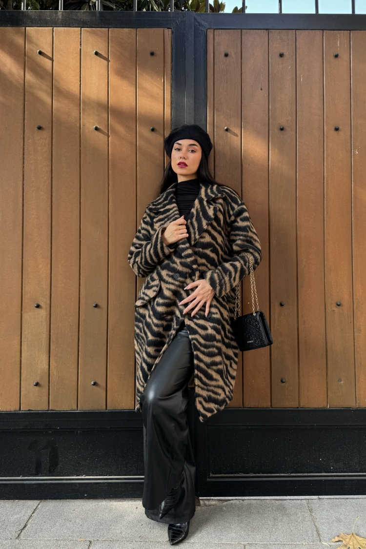 Zebra Patterned Raised Lined Cachet Coat 26207 - First Angels - Globality Store - Women Clothes Wholesale Turkey