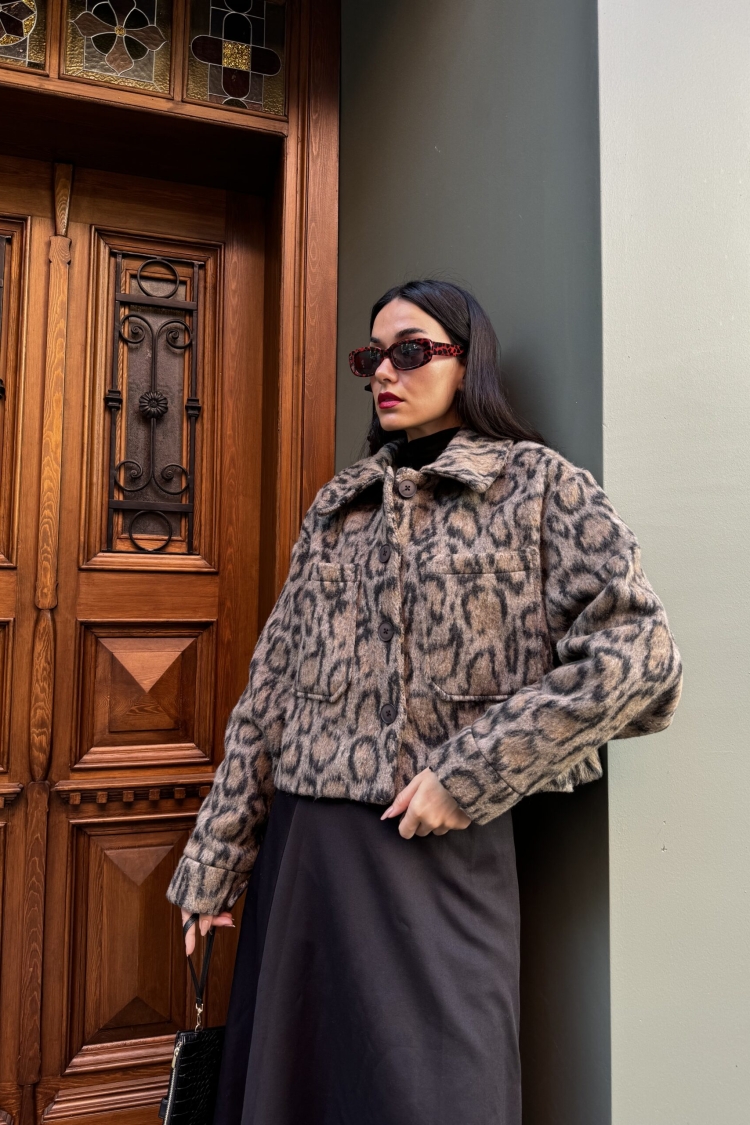 Leopard Pattern Raised Cachet Short Coat 28126 - First Angels - Globality Store - Women Clothes Wholesale Turkey