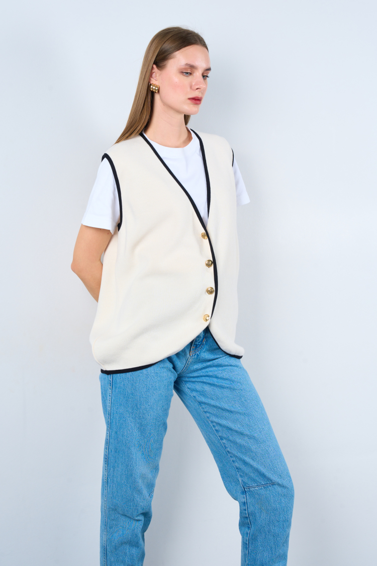 4 Button Plain Vest With Piping - Cream-Black