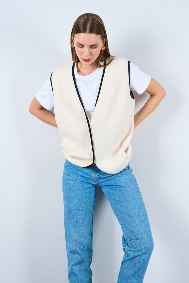 4 Button Plain Vest With Piping - Cream-Black