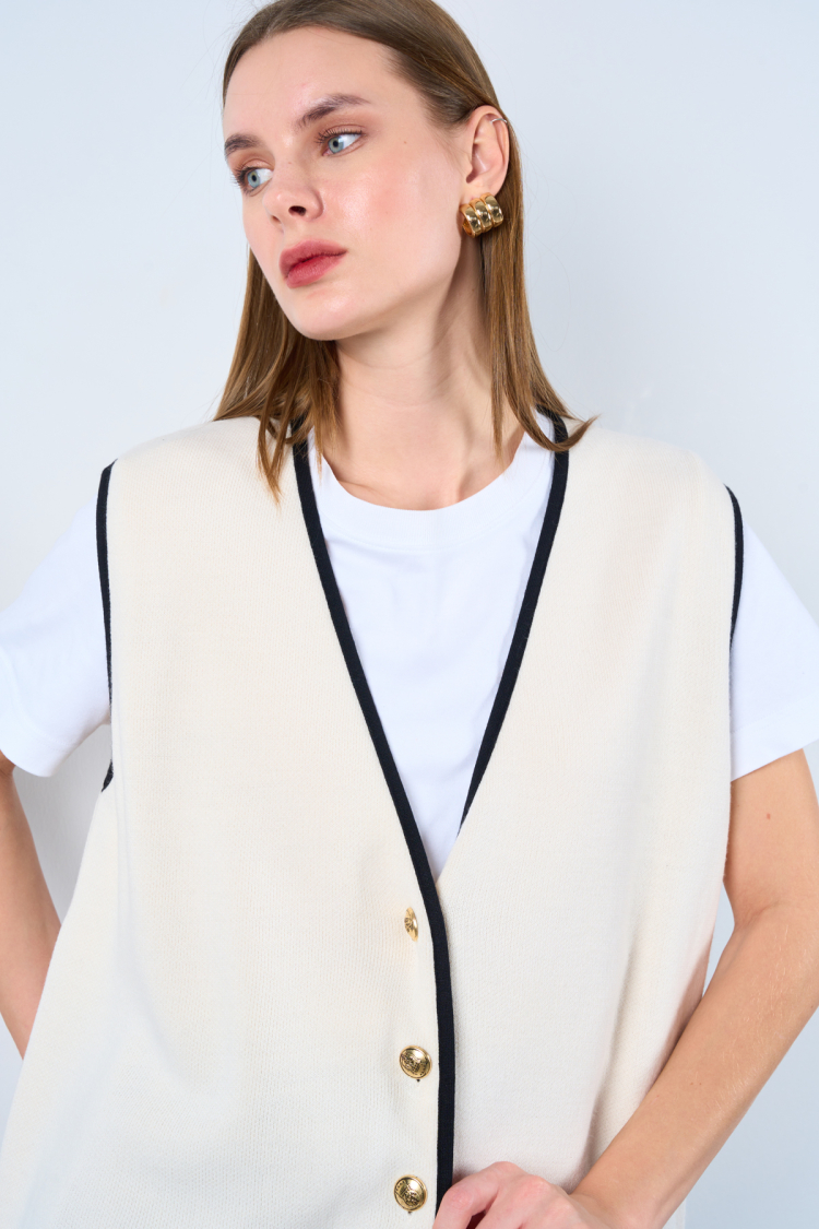 4 Button Plain Vest With Piping - Cream-Black