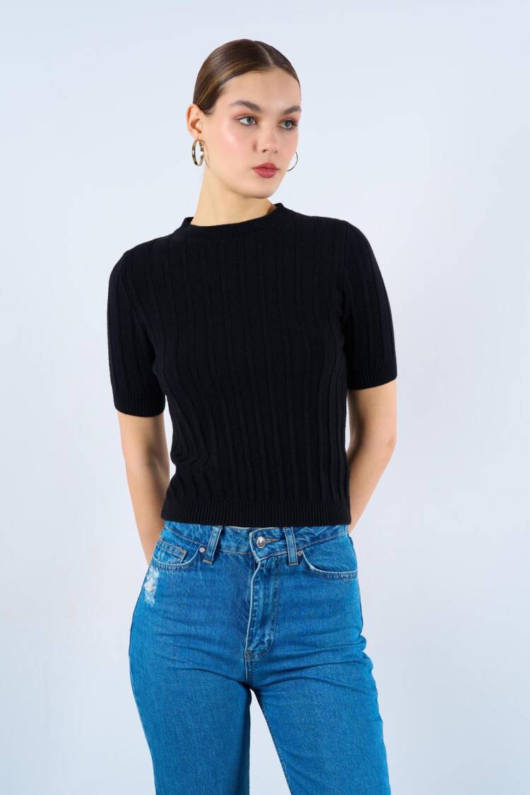 Ribbed Short Sleeve Sweater - Qustyle - Globality Store - Women Clothes Wholesale Turkey