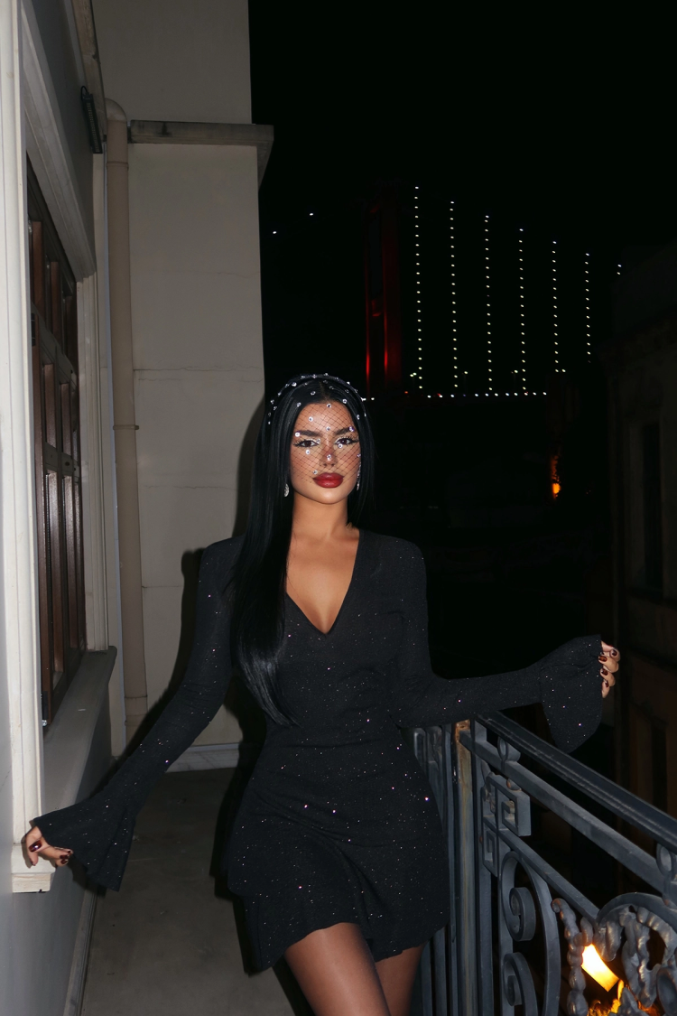 Glittery V Neck Mini Dress - Black