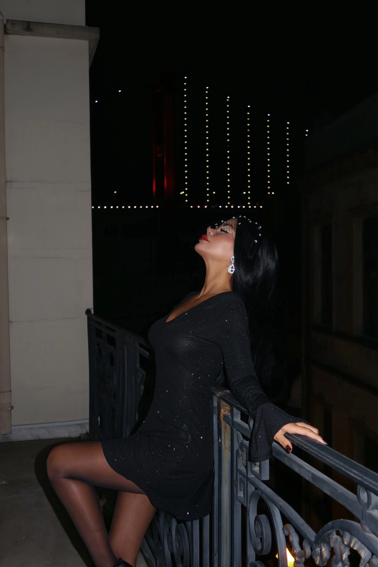Glittery V Neck Mini Dress - Black