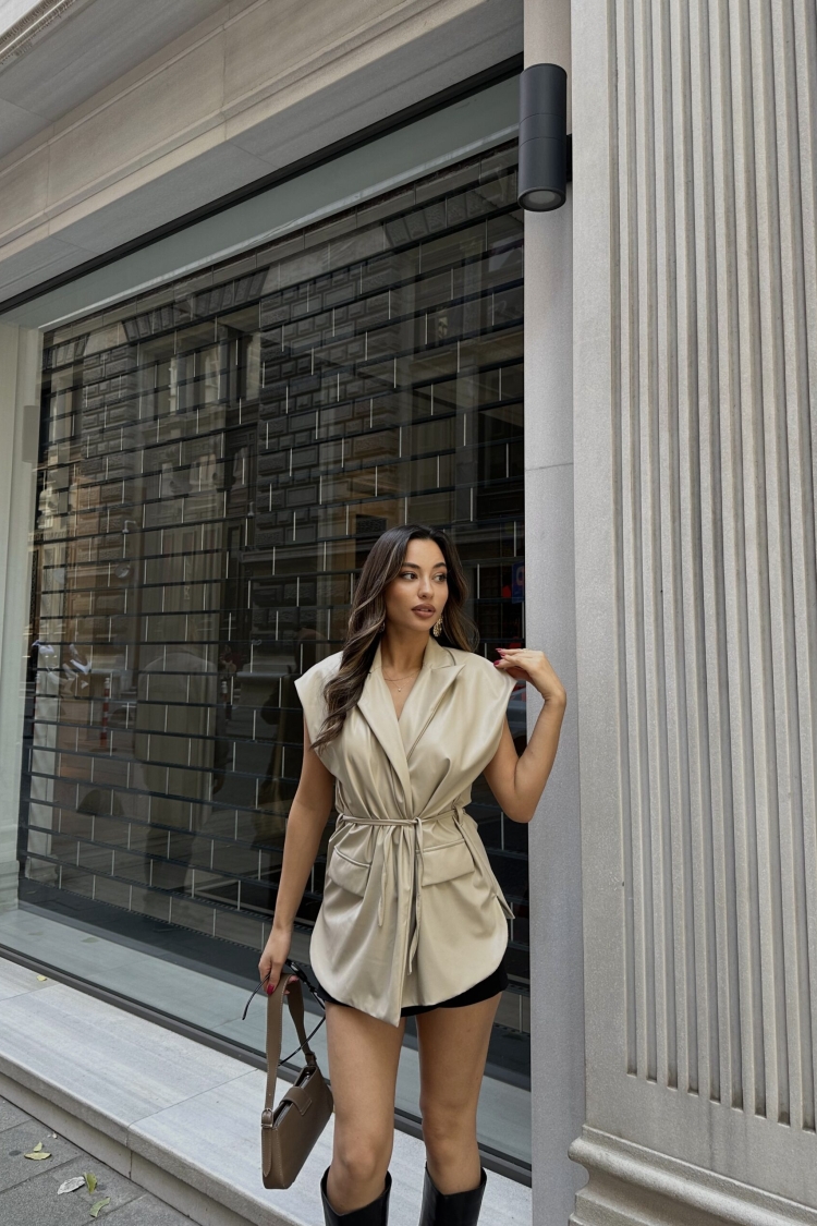 Tied Jacket Collar Leather Vest - Radica Fashion - Globality Store - Women Clothes Wholesale Turkey