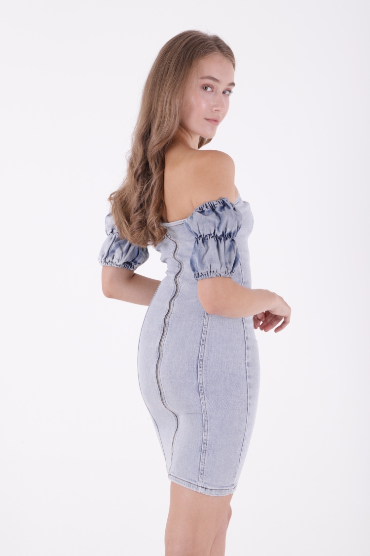 Short Strapless Denim Dress With Elastic Sleeves