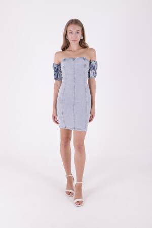 Short Strapless Denim Dress With Elastic Sleeves - XLove - Globality Store - Women Clothes Wholesale Turkey