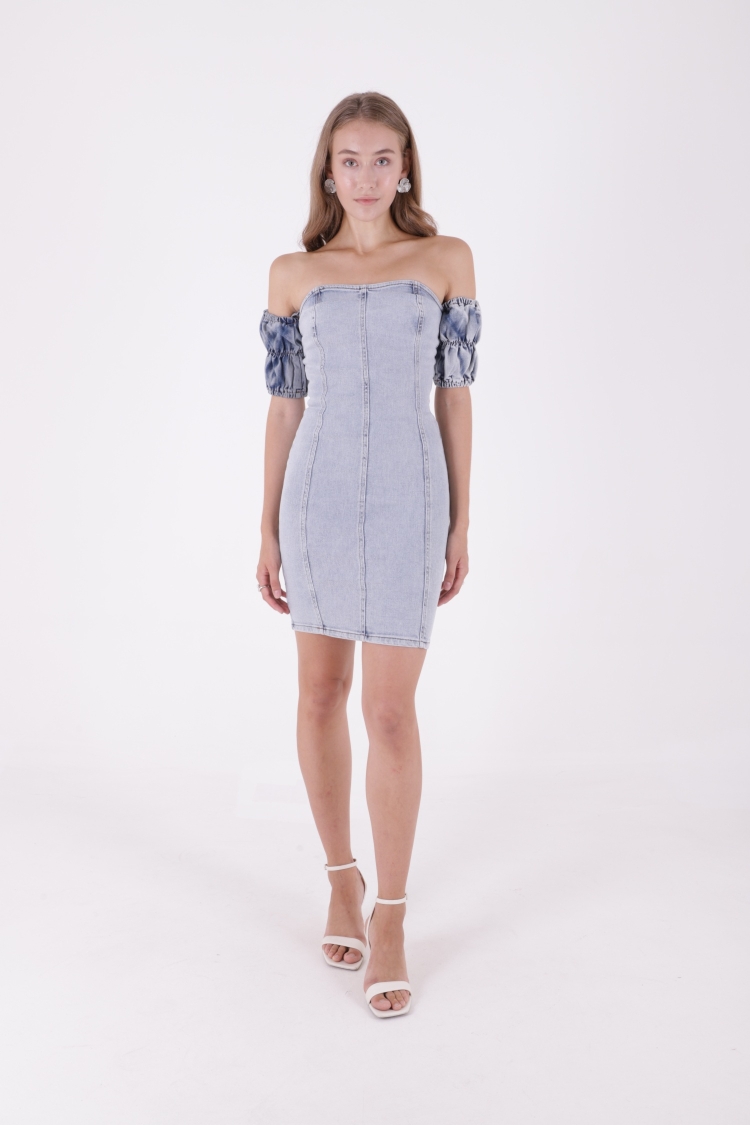 Short Strapless Denim Dress With Elastic Sleeves - XLove - Globality Store - Women Clothes Wholesale Turkey