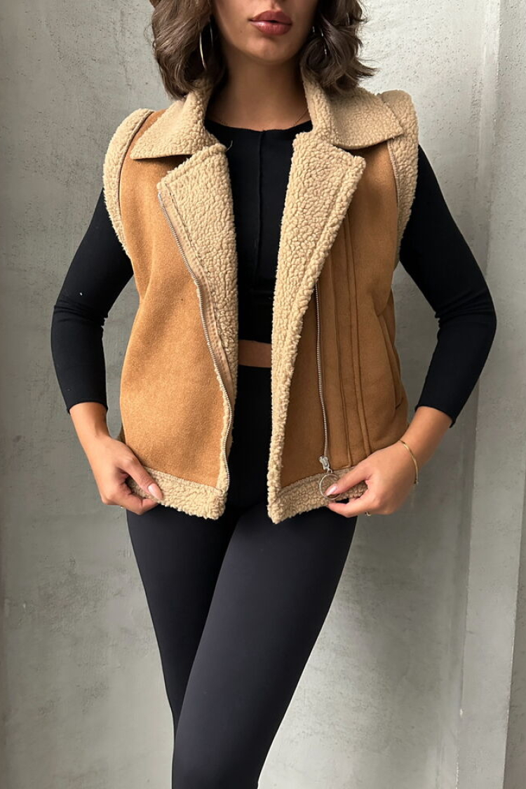 Suede Collar Fur Vest - Tan