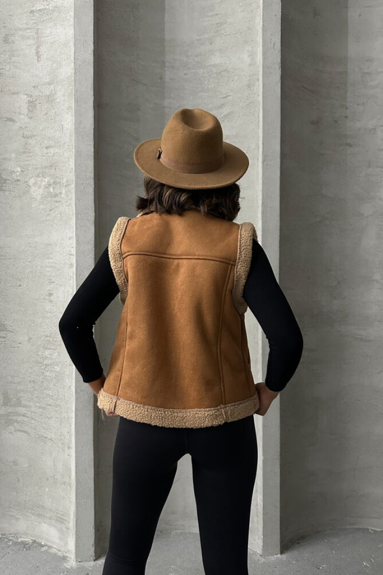 Suede Collar Fur Vest - Tan