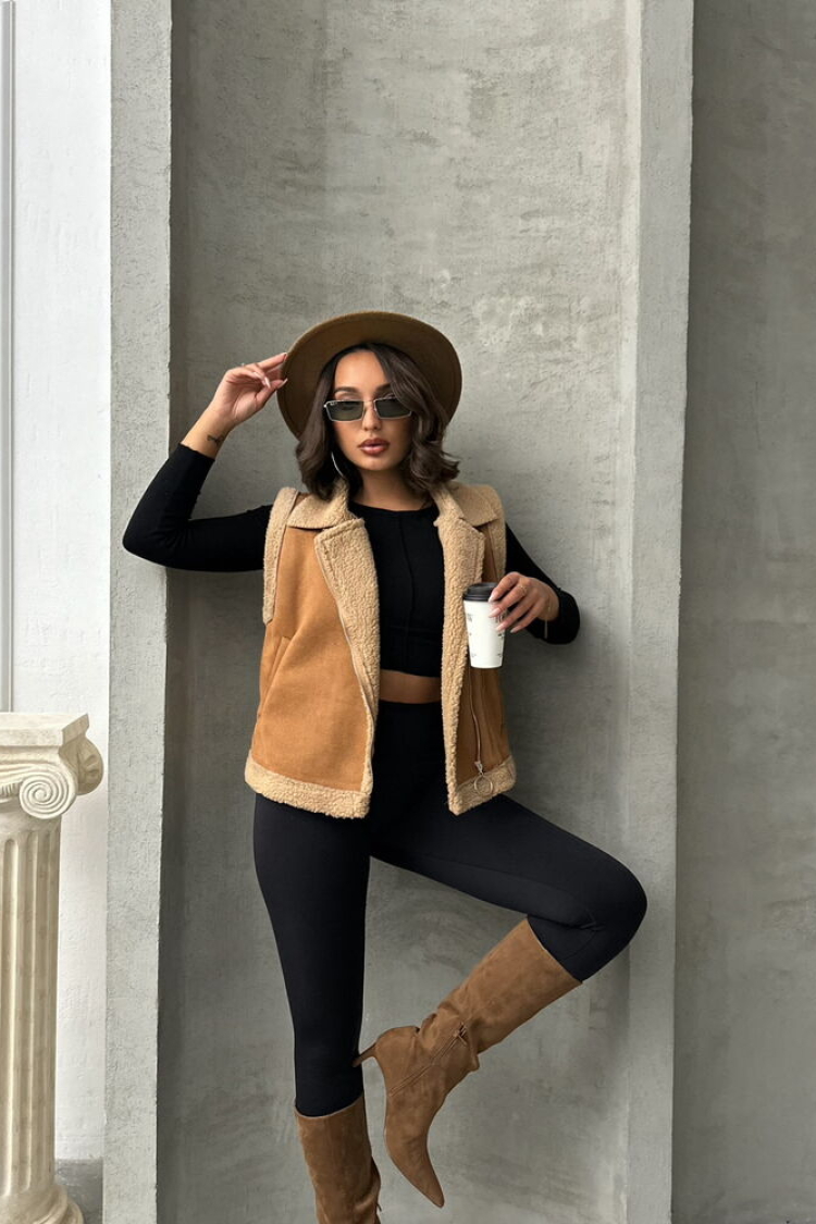 Suede Collar Fur Vest - Tan