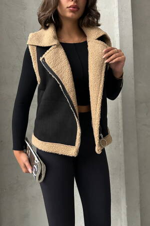 Suede Collar Fur Vest -& Beige - Topshow - Globality Store - Women Clothes Wholesale Turkey