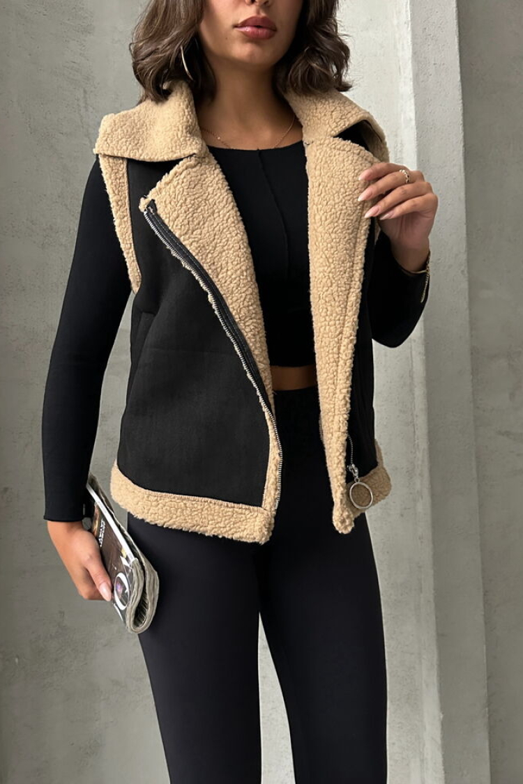 Suede Collar Fur Vest -& Beige