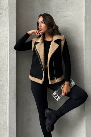 Suede Collar Fur Vest -& Beige - Topshow - Globality Store - Women Clothes Wholesale Turkey