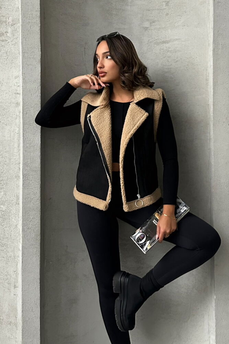 Suede Collar Fur Vest -& Beige - Topshow - Globality Store - Women Clothes Wholesale Turkey