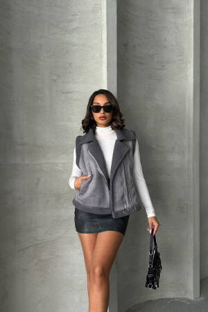 Suede Collar Fur Vest - Gray - Topshow - Globality Store - Women Clothes Wholesale Turkey