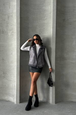 Suede Collar Fur Vest - Gray - Topshow - Globality Store - Women Clothes Wholesale Turkey