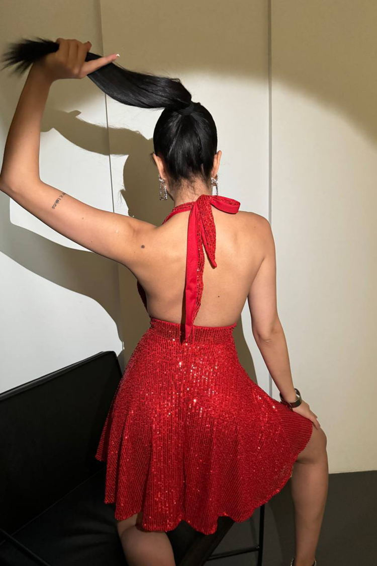 Halter Neck Sequin Dress - Red