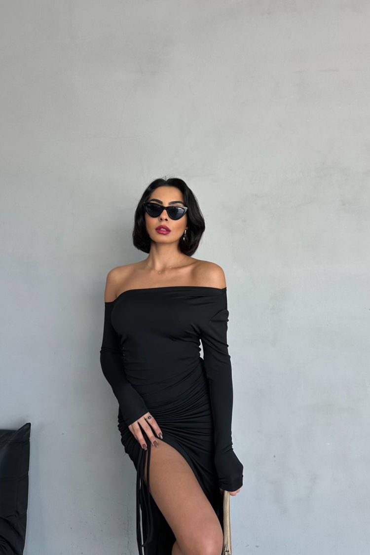 Madonna Collar Pleated Long Dress - Black