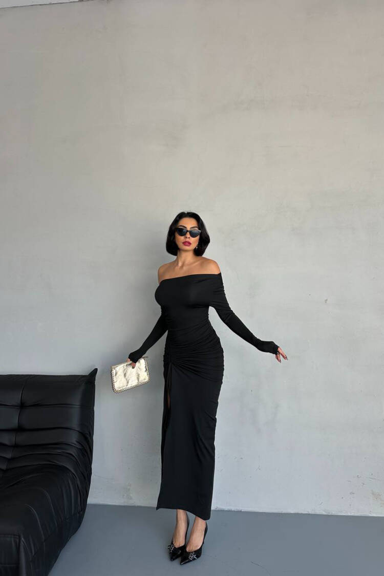 Madonna Collar Pleated Long Dress - Black - Mode Roy - Globality Store - Women Clothes Wholesale Turkey