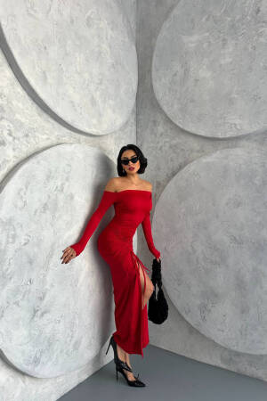 Madonna Collar Pleated Long Dress - Red - Mode Roy - Globality Store - Women Clothes Wholesale Turkey