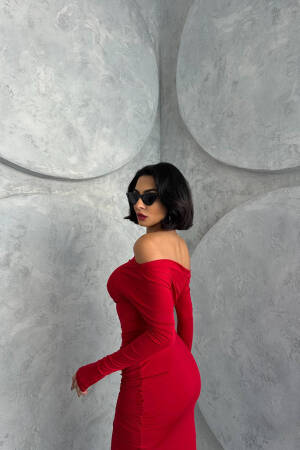 Madonna Collar Pleated Long Dress - Red - Mode Roy - Globality Store - Women Clothes Wholesale Turkey