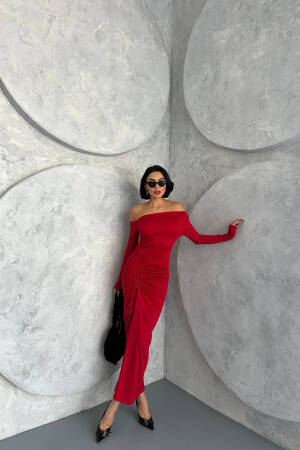 Madonna Collar Pleated Long Dress - Red - Mode Roy - Globality Store - Women Clothes Wholesale Turkey