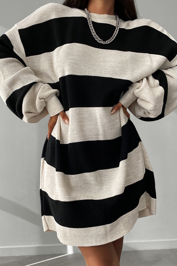 Striped Balloon Sleeve Dress - My Fashion - Globality Store - Women Clothes Wholesale Turkey