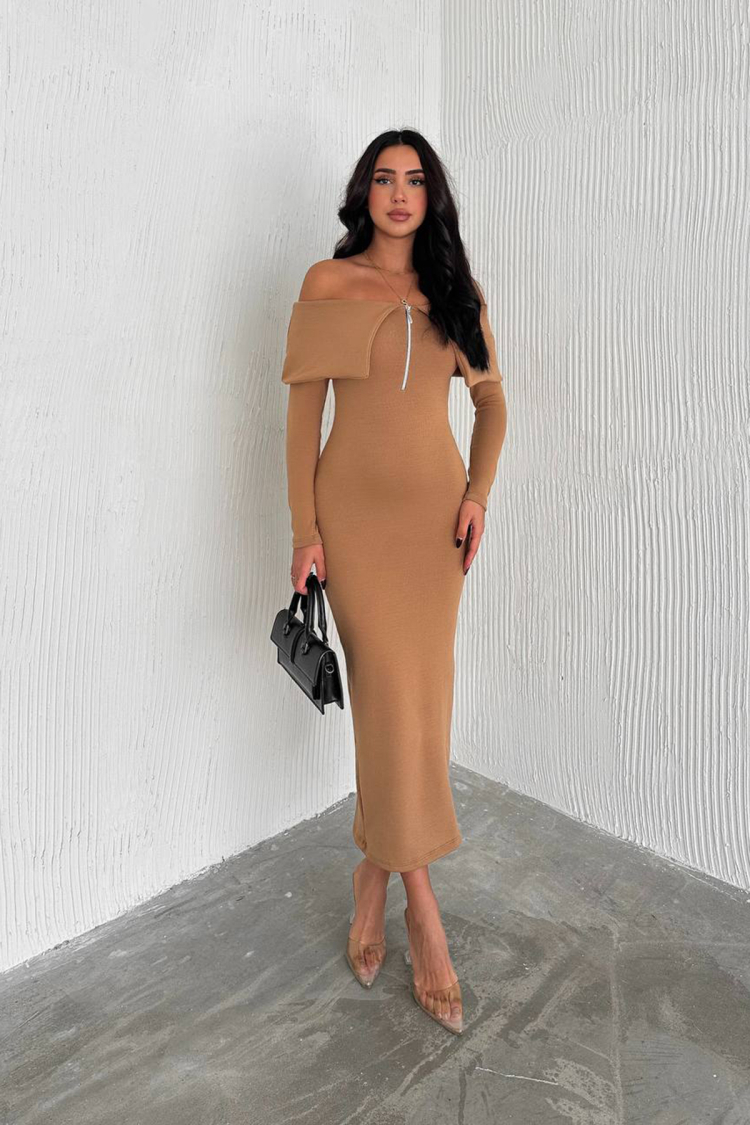 Madonna Collar Zipper Detailed Knit Dress - Mode Roy - Globality Store - Women Clothes Wholesale Turkey
