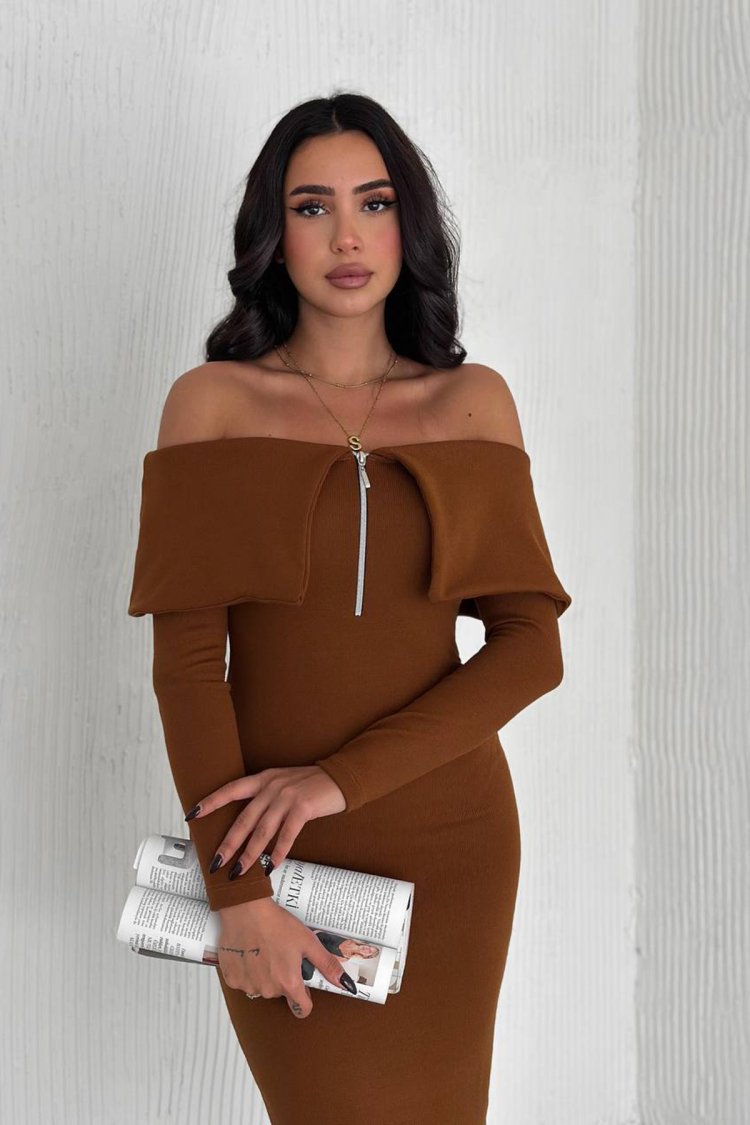 Madonna Collar Zipper Detailed Knit Dress - Tan