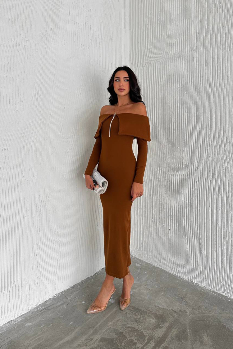 Madonna Collar Zipper Detailed Knit Dress - Tan