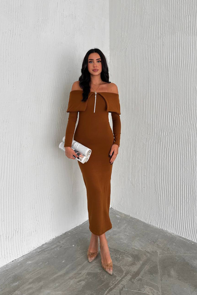 Madonna Collar Zipper Detailed Knit Dress - Tan