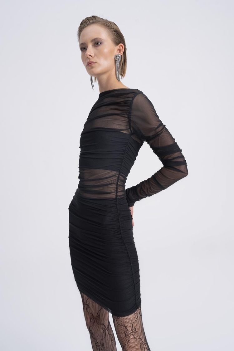 Sheer Draped Tulle Mini Dress