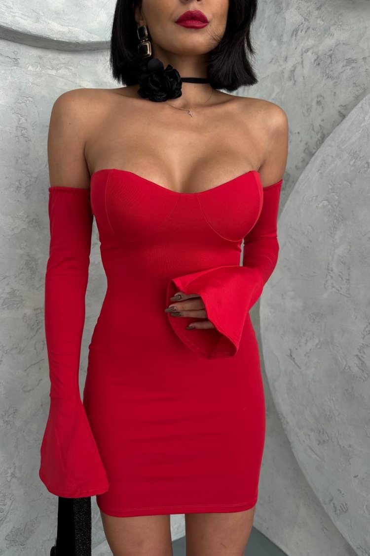 Flounce Mini Sleeve Ruffle Dress - Red