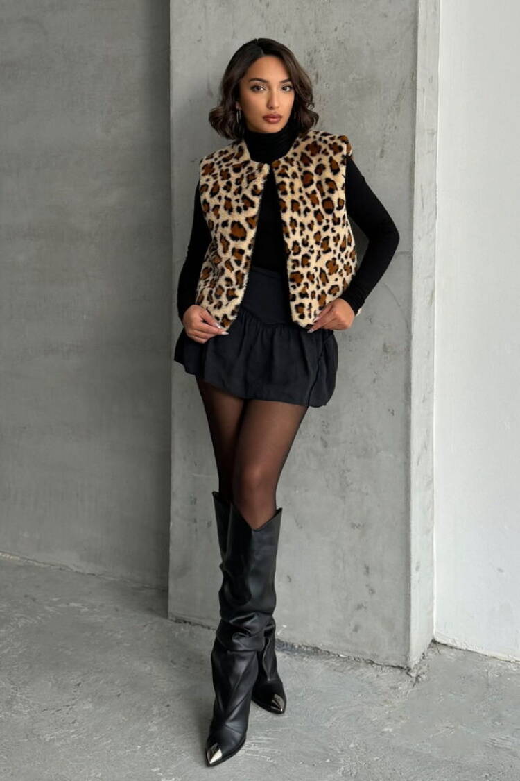 Leopard Leopard Patterned Plush Vest - Topshow - Globality Store - Women Clothes Wholesale Turkey