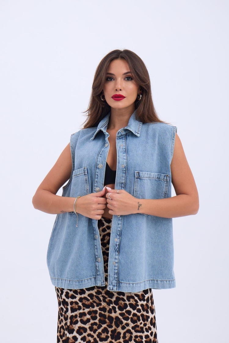 Denim Vest - Blue - Fame - Globality Store - Women Clothes Wholesale Turkey