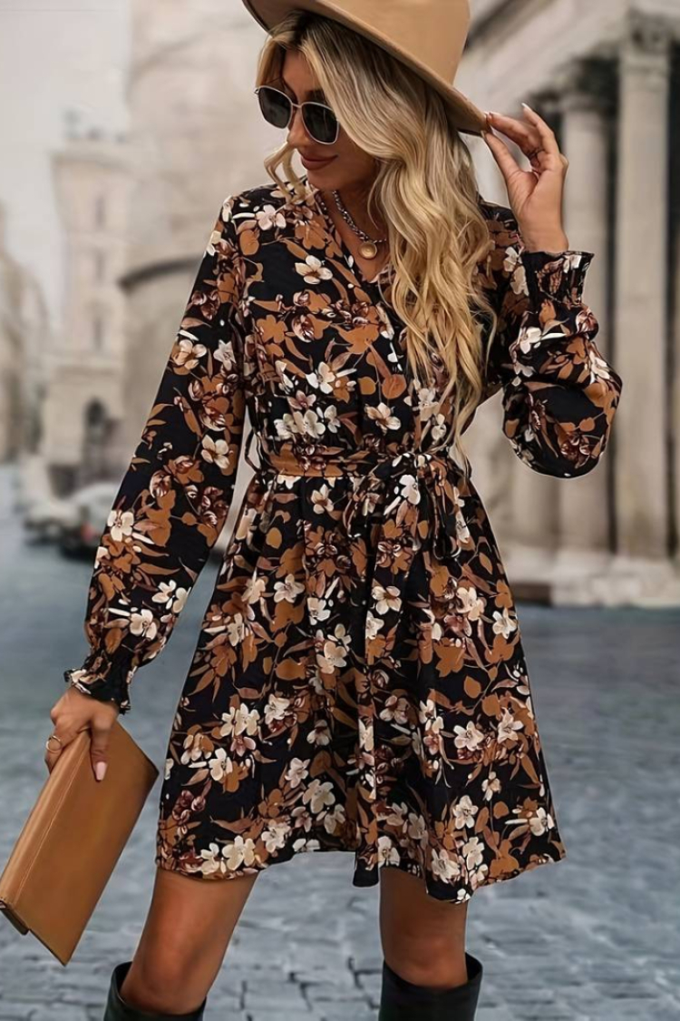 Women's Long Sleeve Double Breasted Floral Patterned Diving Dress - Mix Color