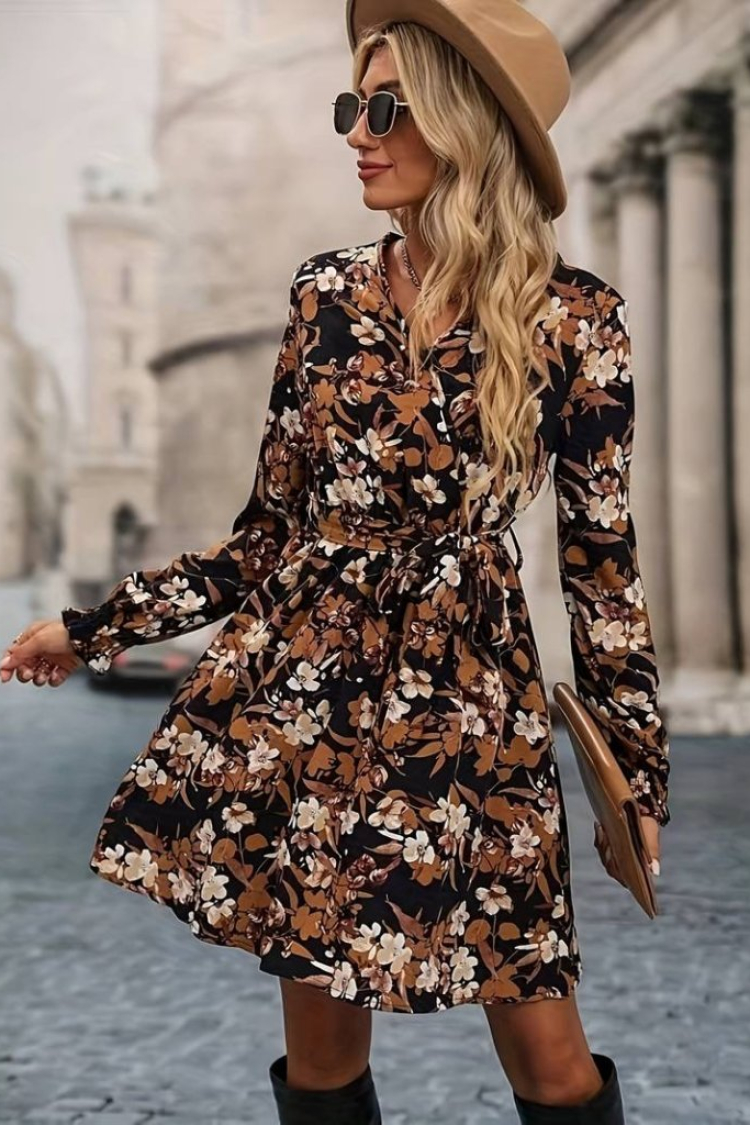 Women's Long Sleeve Double Breasted Floral Patterned Diving Dress - Mix Color - Janes - Globality Store - Women Clothes Wholesale Turkey