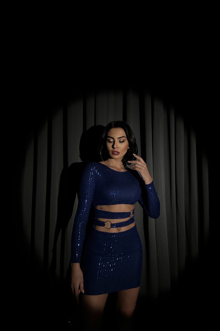 Blue Ring Detailed Mini Sequin Dress - Saxe