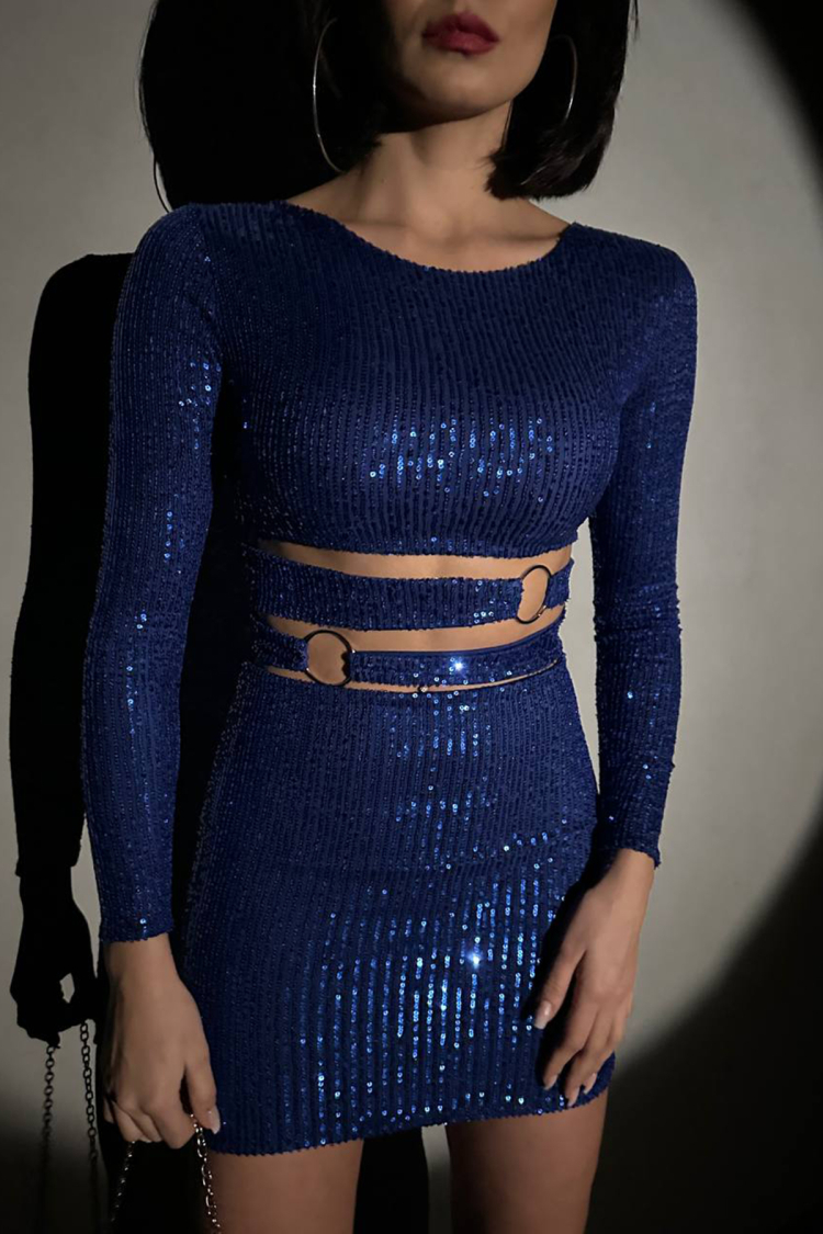Blue Ring Detailed Mini Sequin Dress - Saxe - Mode Roy - Globality Store - Women Clothes Wholesale Turkey