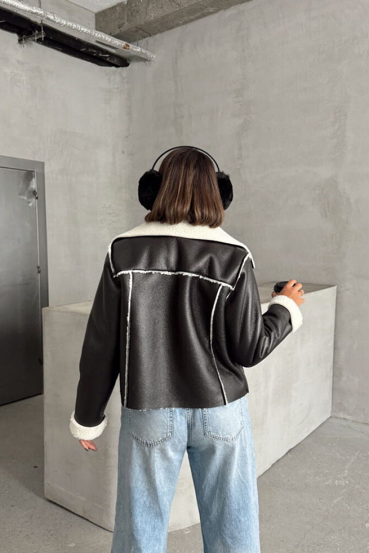 BlackLaminated Leather Zippered Coat