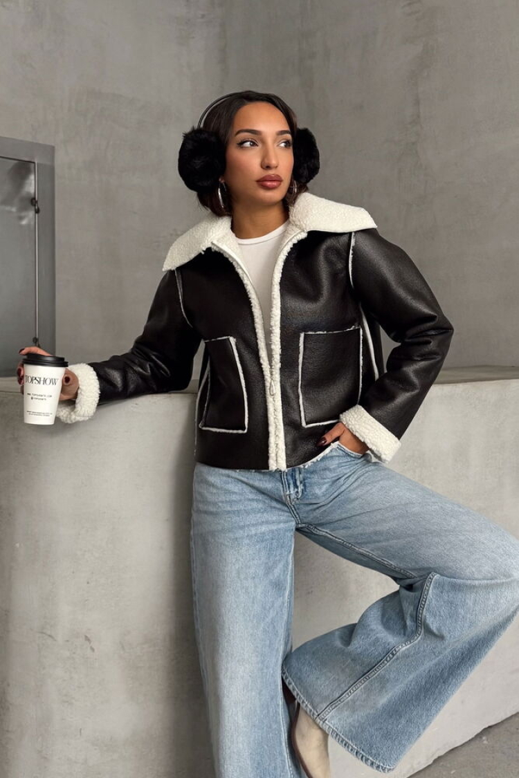 BlackLaminated Leather Zippered Coat - Topshow - Globality Store - Women Clothes Wholesale Turkey