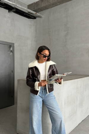 CoffeeLaminated Leather Zippered Coat - Topshow - Globality Store - Women Clothes Wholesale Turkey