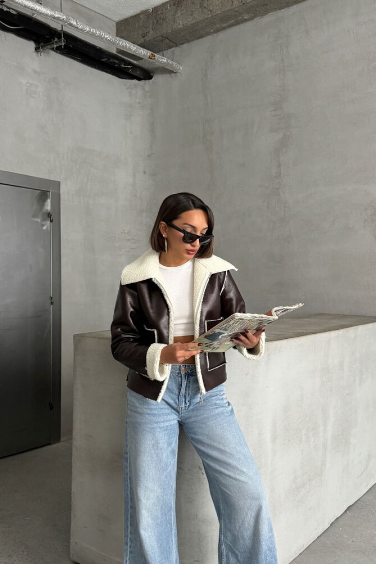 CoffeeLaminated Leather Zippered Coat