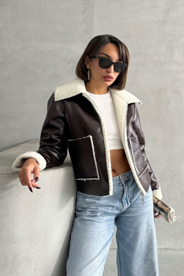 CoffeeLaminated Leather Zippered Coat - Topshow - Globality Store - Women Clothes Wholesale Turkey