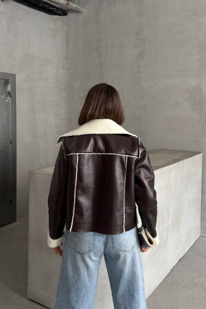 CoffeeLaminated Leather Zippered Coat - Topshow - Globality Store - Women Clothes Wholesale Turkey